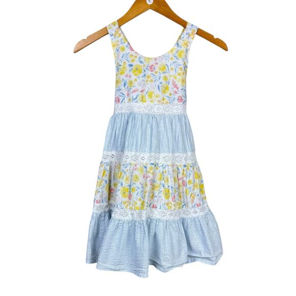 Tommy Bahama Girls Youth Seersucker Stripe Lace Yellow Pink Floral Tiered Dress - Picture 1 of 7